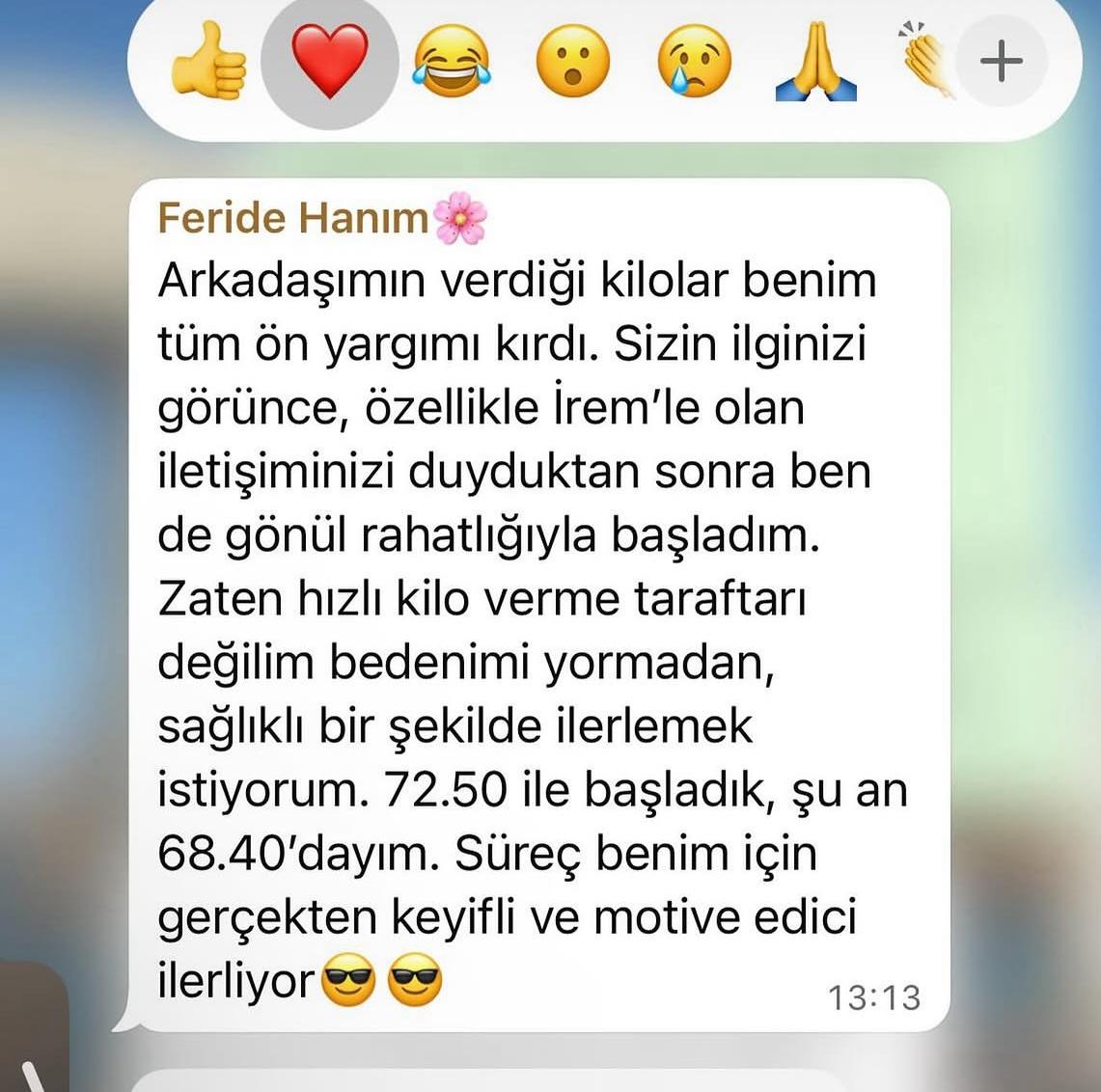 72.50 kilodan 68.40'a düşüşünü rakamlarla anlatan danışan mesajı